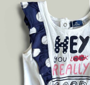 Гащеризон CHICCO Hey в бяло и тъмно синьо - снимка 2 - Рокли и поли - Yomi.Kids